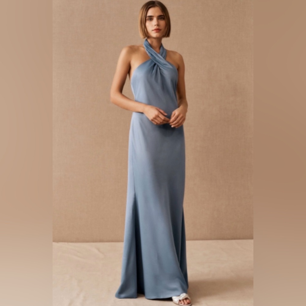 Anthropologie Dusty Blue Dress - BHLDN RUBY SATIN CHARMEUSE - Wedding Guest